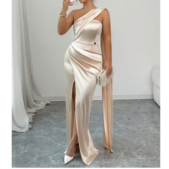 Dresses & Skirts - Luxe Satin One Shoulder Ruched Split Thigh Fitted Drape Party Floral Evening Wed